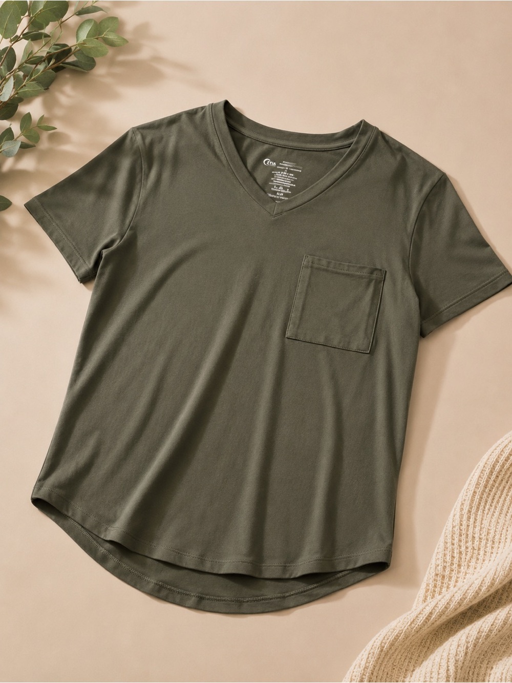 ZYIA Women's Olive V-Neck Pocket Tee